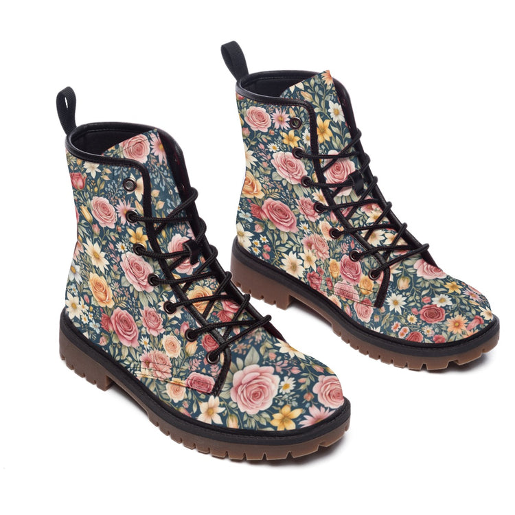 Hippie Art Zone - Floral Pink Vegan Leather Combat Boots, Boho Style For Hippie