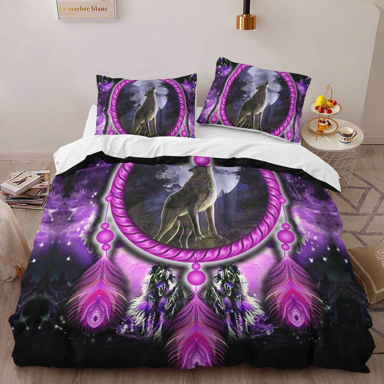 hippieartzone - Native American Wolf On Violet Dream Catcher Skull Bedding Set