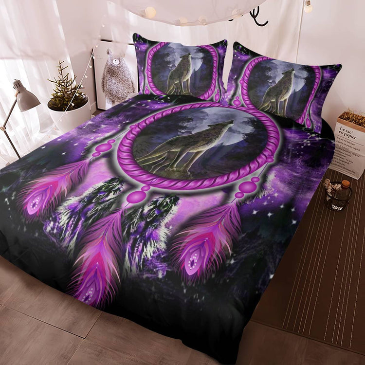 hippieartzone - Native American Wolf On Violet Dream Catcher Skull Bedding Set