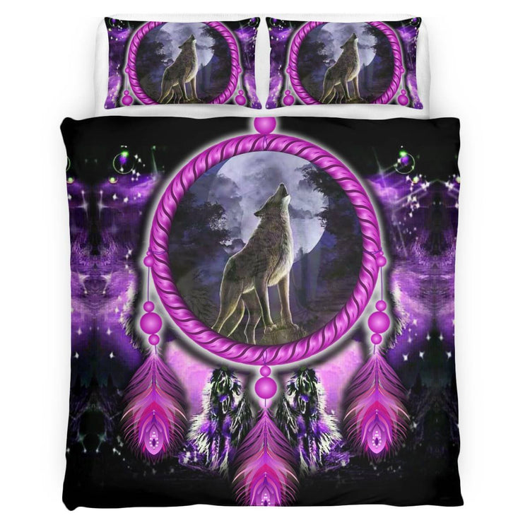hippieartzone - Native American Wolf On Violet Dream Catcher Skull Bedding Set