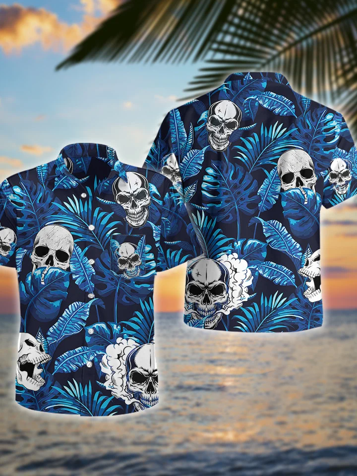 hippieartzone - BLUE SKULL TROPICAL HAWAIIAN SHIRT.