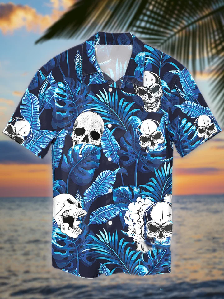 hippieartzone - BLUE SKULL TROPICAL HAWAIIAN SHIRT.