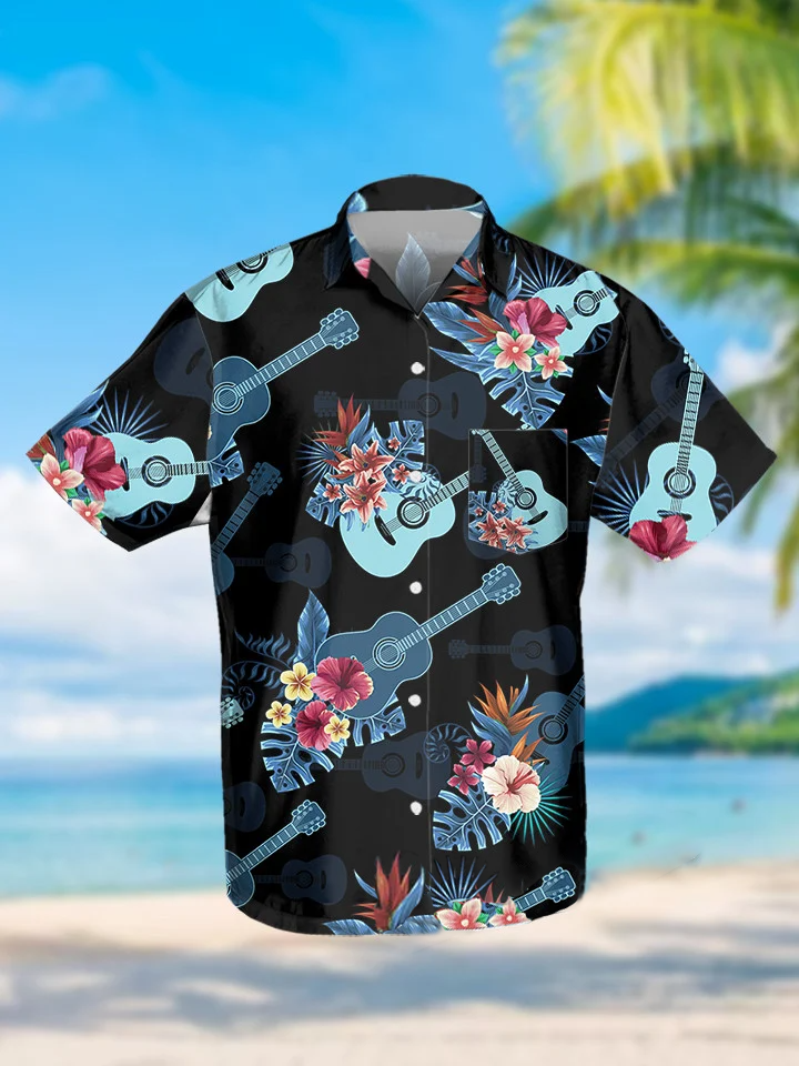 hippieartzone - BLUE GUITAR TROPICAL HAWAII SHIRT.