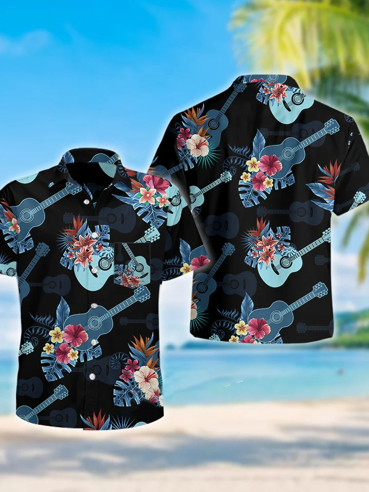 hippieartzone - BLUE GUITAR TROPICAL HAWAII SHIRT.