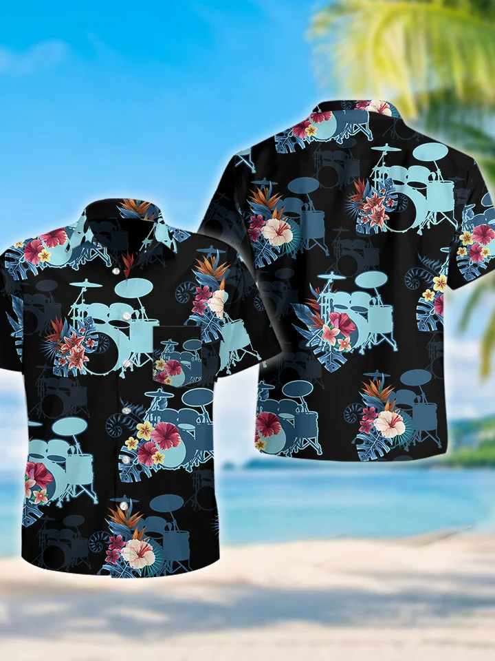 hippieartzone - BLUE DRUM FLOWER TROPICAL HAWAII SHIRT.