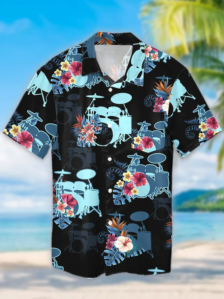 hippieartzone - BLUE DRUM FLOWER TROPICAL HAWAII SHIRT.