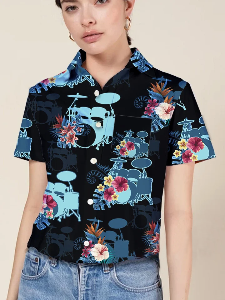 hippieartzone - BLUE DRUM FLOWER TROPICAL HAWAII SHIRT.