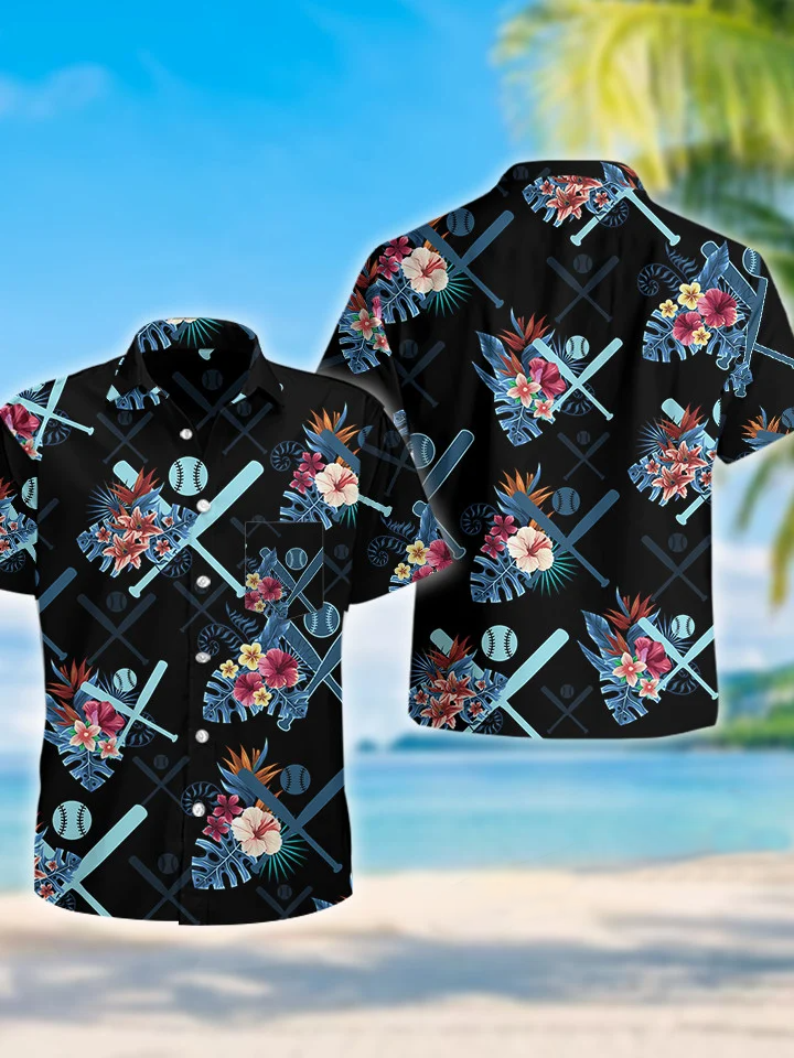 hippieartzone - BLUE BASEBALL BEACH TROPICAL HAWAII SHIRT.