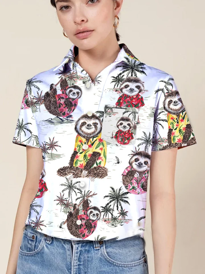 hippieartzone - WHITE SLOTH TROPICAL HAWAII SHIRT.