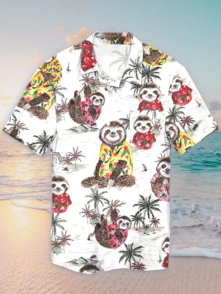 hippieartzone - WHITE SLOTH TROPICAL HAWAII SHIRT.