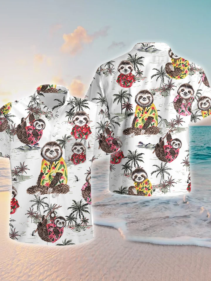 hippieartzone - WHITE SLOTH TROPICAL HAWAII SHIRT.
