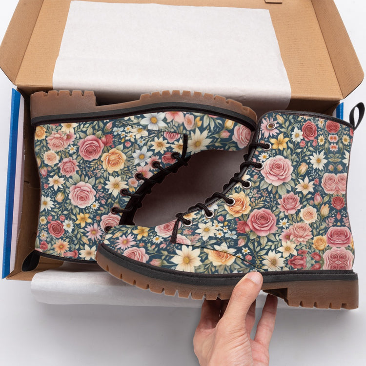 Hippie Art Zone - Floral Pink Vegan Leather Combat Boots, Boho Style For Hippie