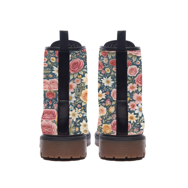Hippie Art Zone - Floral Pink Vegan Leather Combat Boots, Boho Style For Hippie