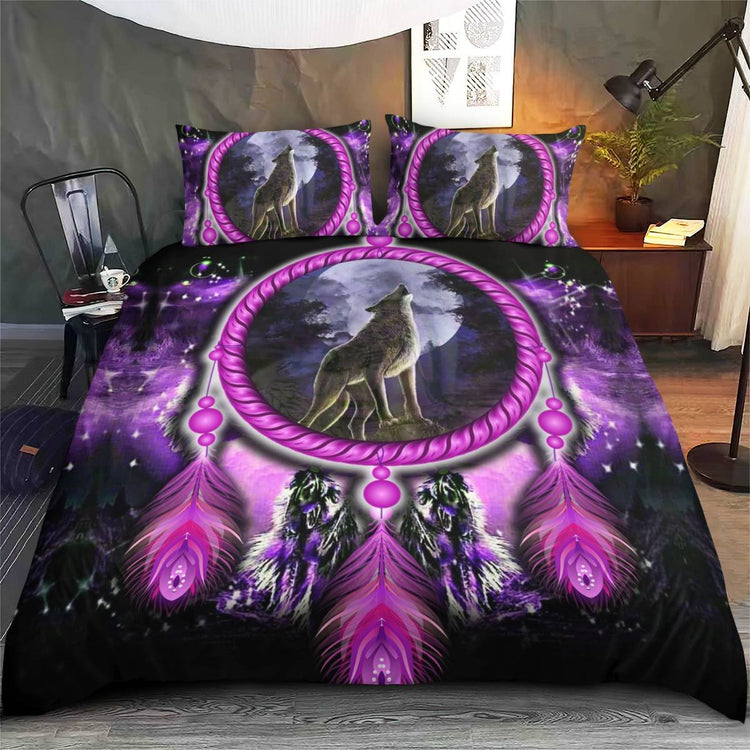 hippieartzone - Native American Wolf On Violet Dream Catcher Skull Bedding Set