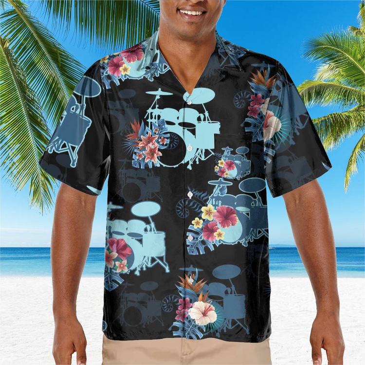 hippieartzone - BLUE DRUM FLOWER TROPICAL HAWAII SHIRT.