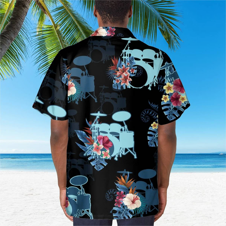 hippieartzone - BLUE DRUM FLOWER TROPICAL HAWAII SHIRT.
