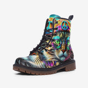 Hippie Art Zone - Cat with Sunglasses, Peace Symbol Casual Leather Lightweight Boots for Cat Lovers