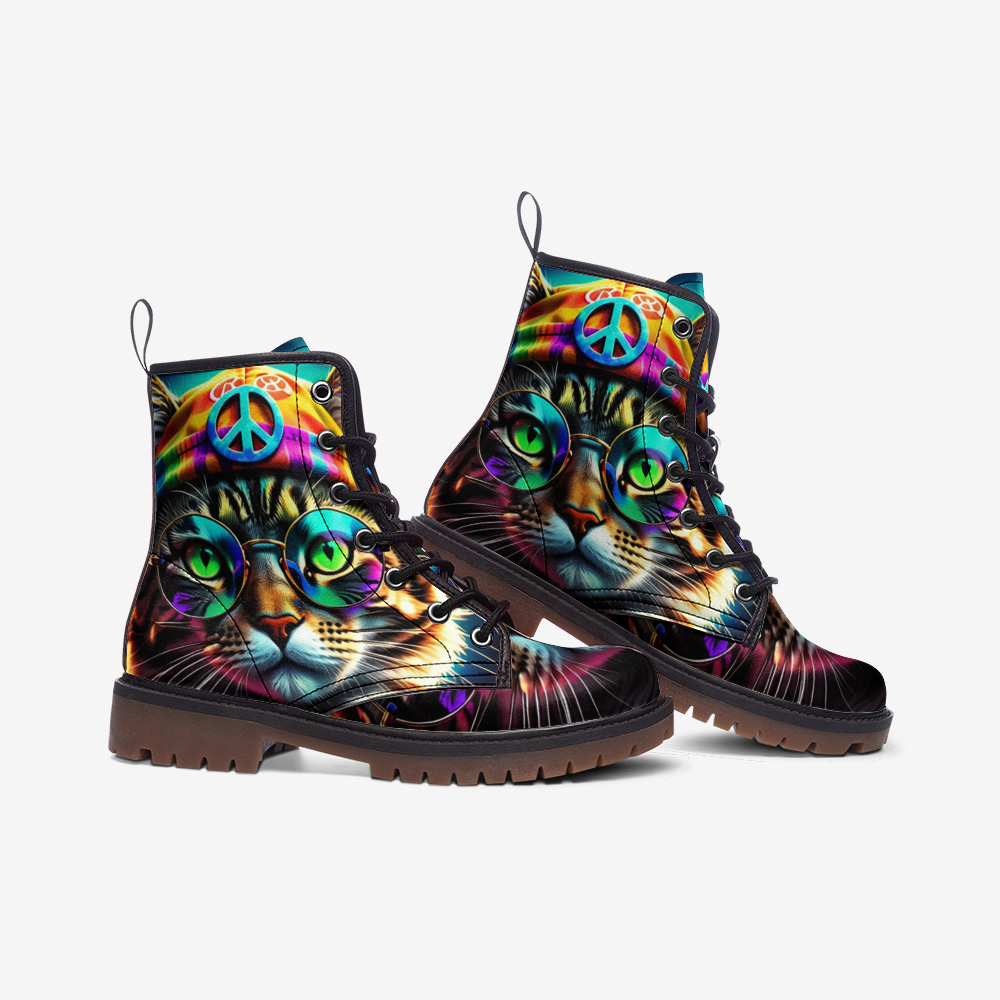 Hippie Art Zone - Cat with Sunglasses, Peace Symbol Casual Leather Lightweight Boots for Cat Lovers