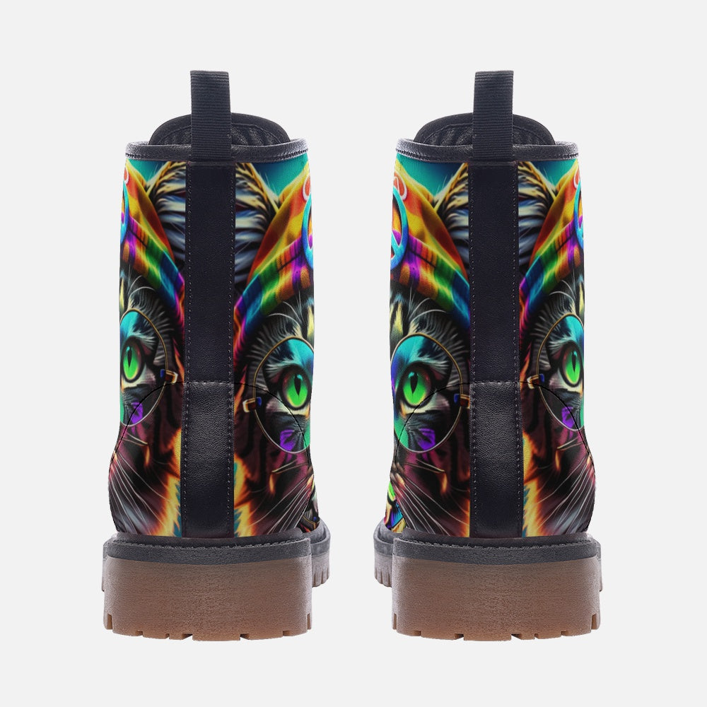 Hippie Art Zone - Cat with Sunglasses, Peace Symbol Casual Leather Lightweight Boots for Cat Lovers