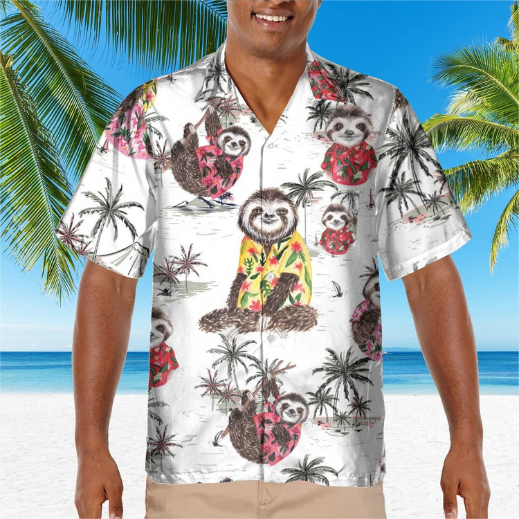 hippieartzone - WHITE SLOTH TROPICAL HAWAII SHIRT.