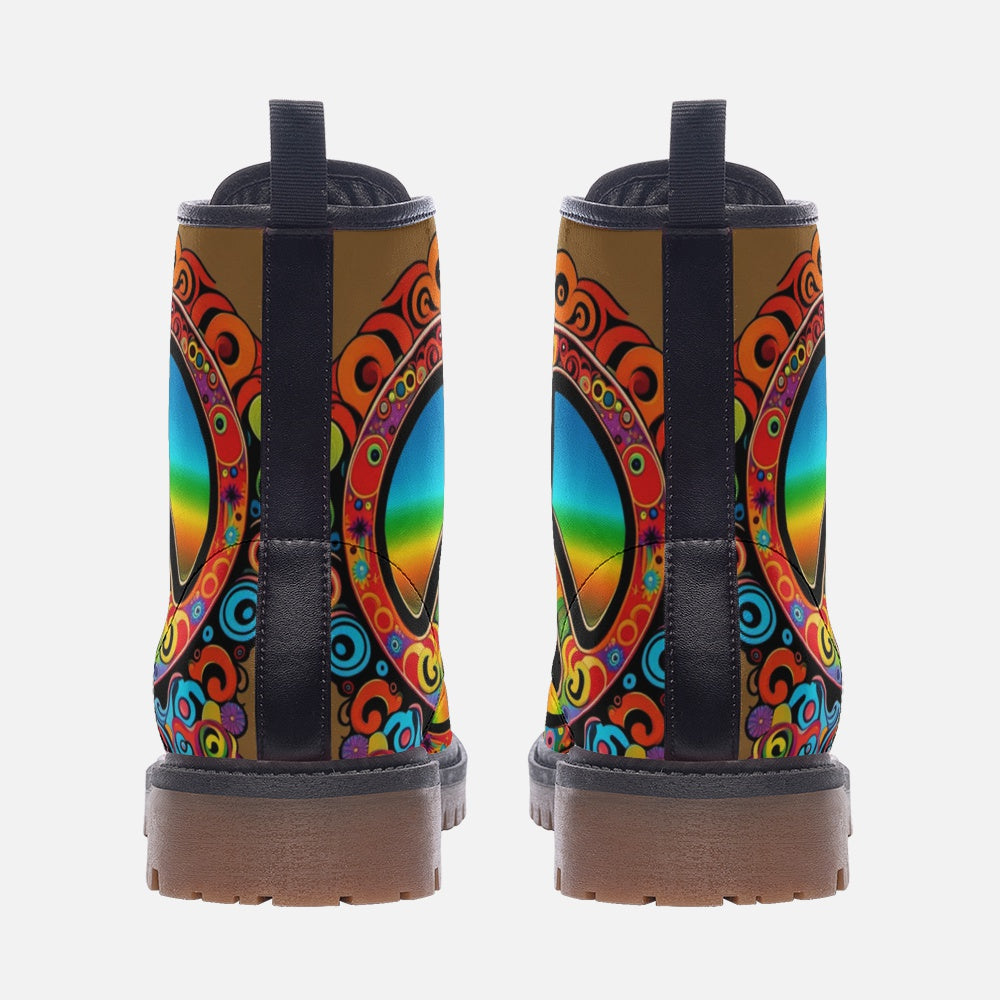Hippie Art Zone - Colorful Peace and Love Symbol Casual Leather Lightweight Boots for Hippies