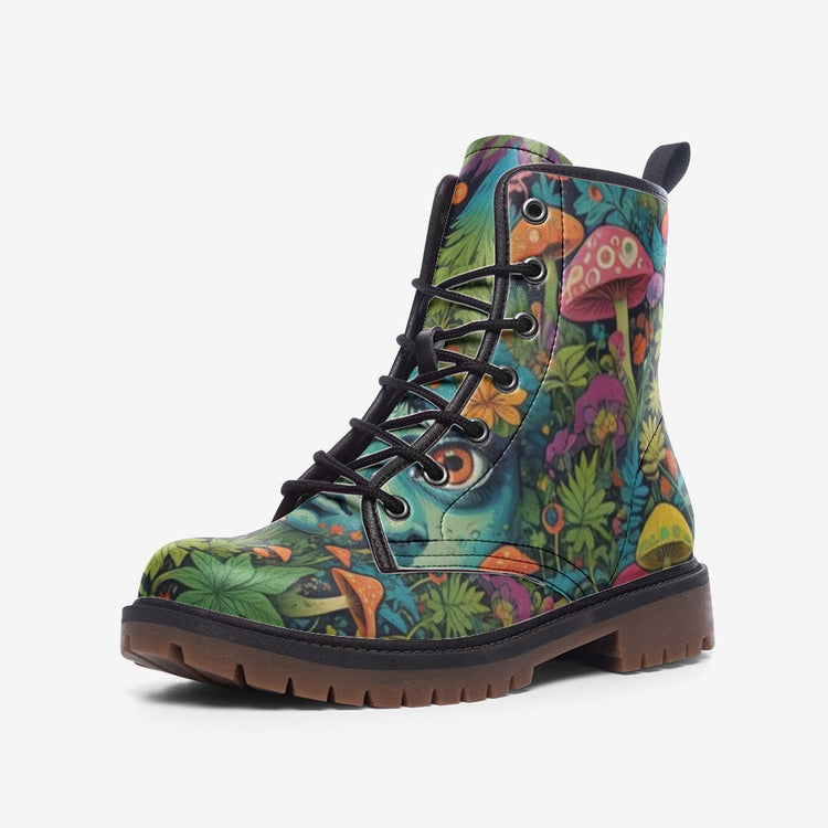 Hippie Art Zone - Spotted Mushroom, Vibrant Forest, Cottage Core Leather Lightweight Boots for Hippies