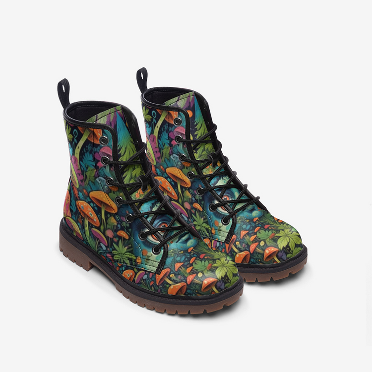 Hippie Art Zone - Spotted Mushroom, Vibrant Forest, Cottage Core Leather Lightweight Boots for Hippies
