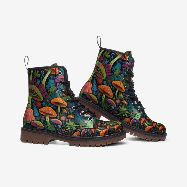 Hippie Art Zone - Spotted Mushroom, Vibrant Forest, Cottage Core Leather Lightweight Boots for Hippies