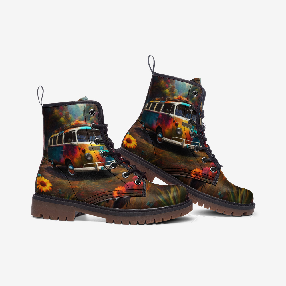 Hippie Art Zone - Vintage Van Print on Casual Leather Lightweight Boots for Hippies