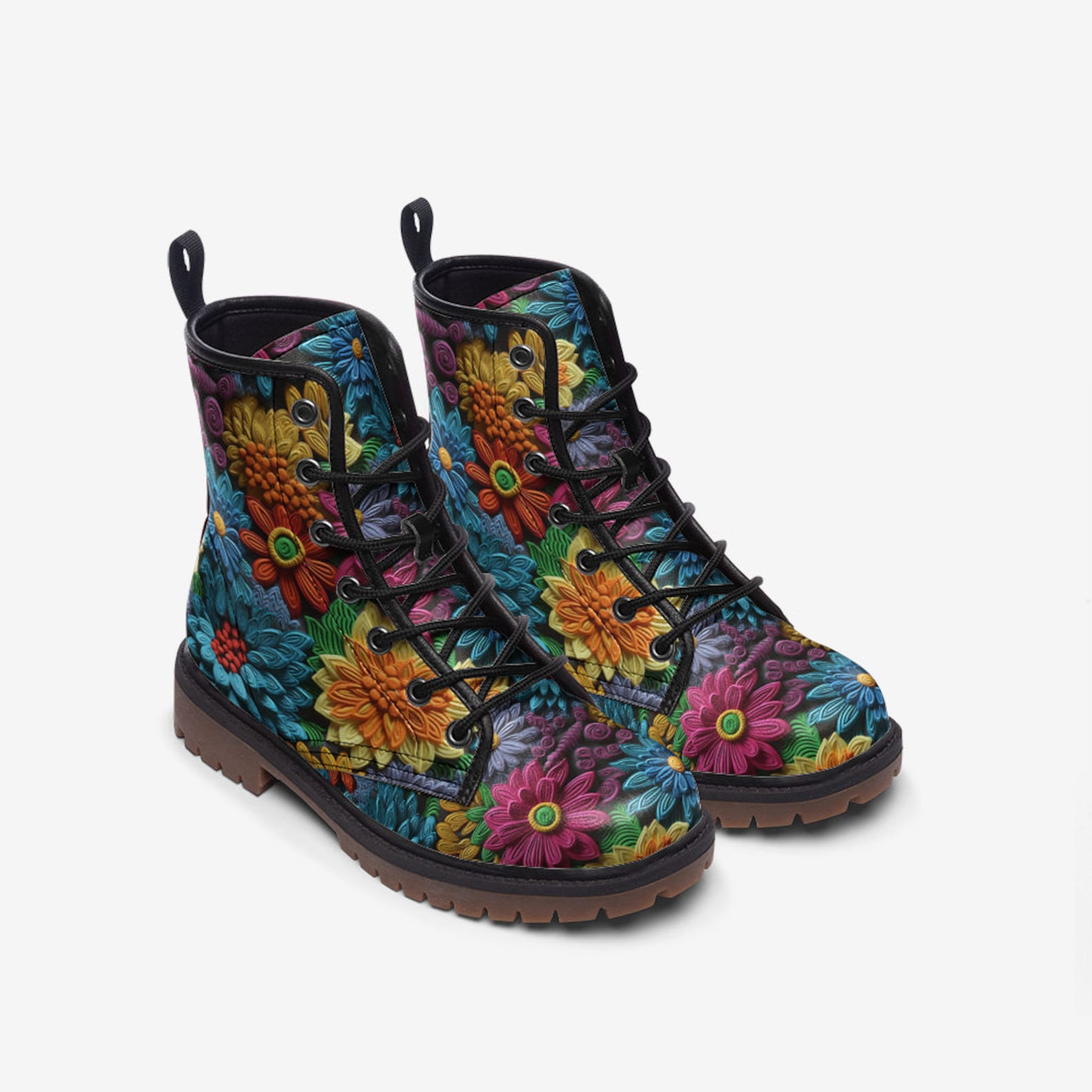 Hippie Art Zone - Bright Floral Casual Faux Leather Lightweight Boots| Unique Boots For Hippies
