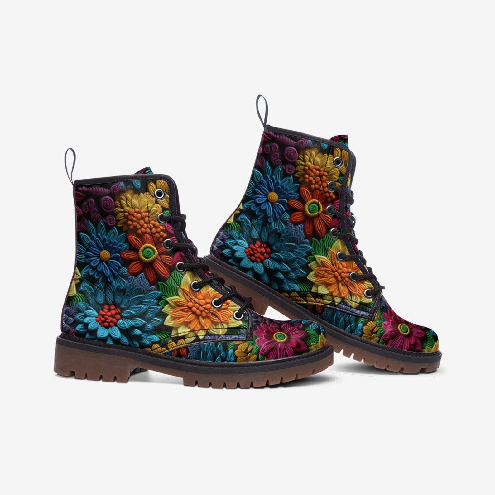 Hippie Art Zone - Bright Floral Casual Faux Leather Lightweight Boots| Unique Boots For Hippies