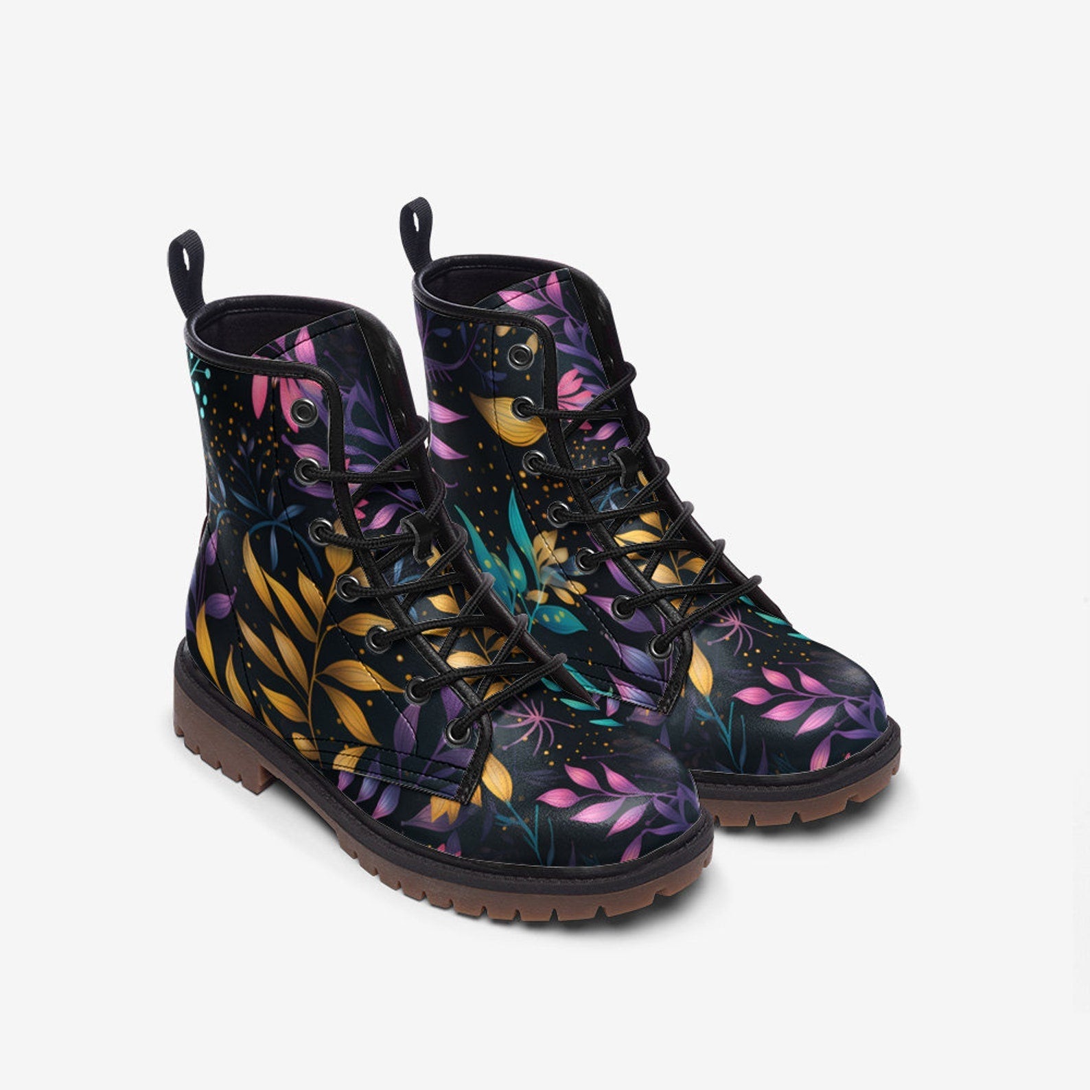 Hippie Art Zone - Colorful Leaves Painted Shoes, Floral Unisex Spring Summer Fall Winter Light Leather Boots For Hippies