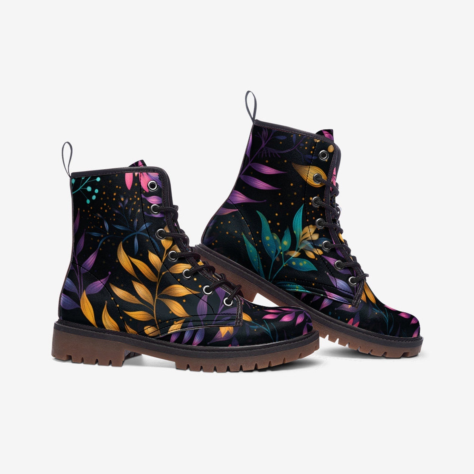 Hippie Art Zone - Colorful Leaves Painted Shoes, Floral Unisex Spring Summer Fall Winter Light Leather Boots For Hippies