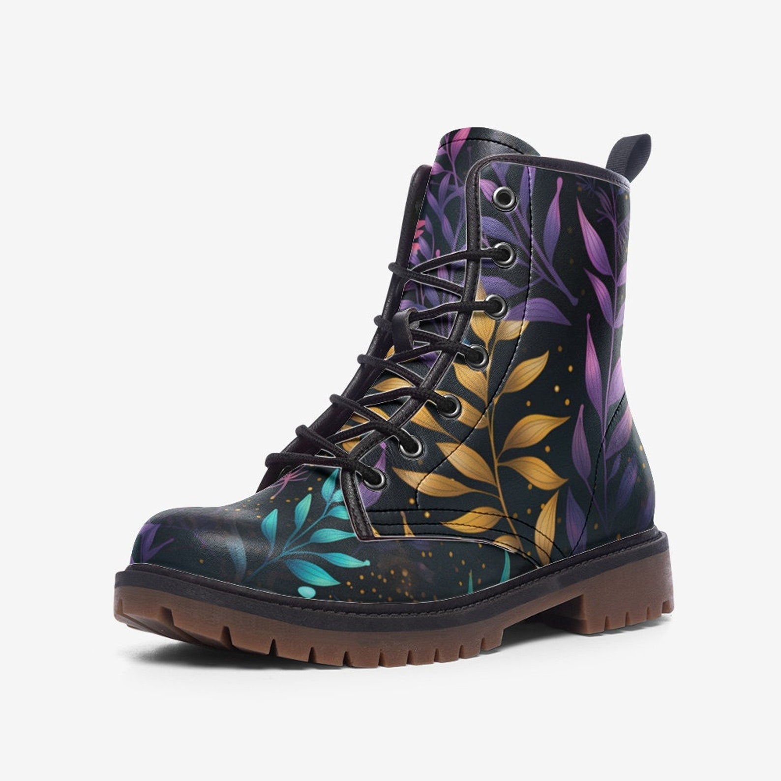 Hippie Art Zone - Colorful Leaves Painted Shoes, Floral Unisex Spring Summer Fall Winter Light Leather Boots For Hippies
