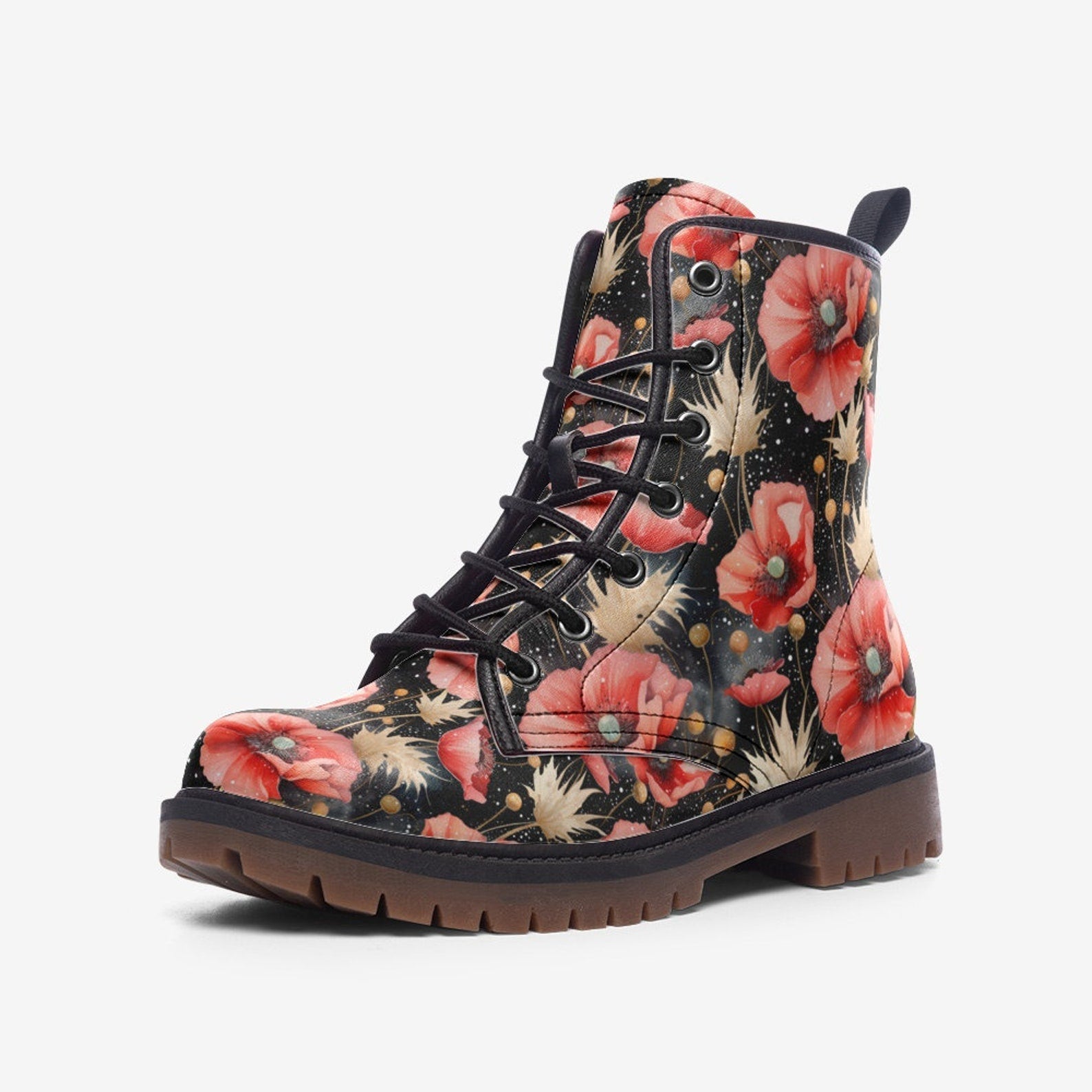 Hippie Art Zone - Cornflowers & Poppy Flowers Vegan Leather Combat Boots For Hippies