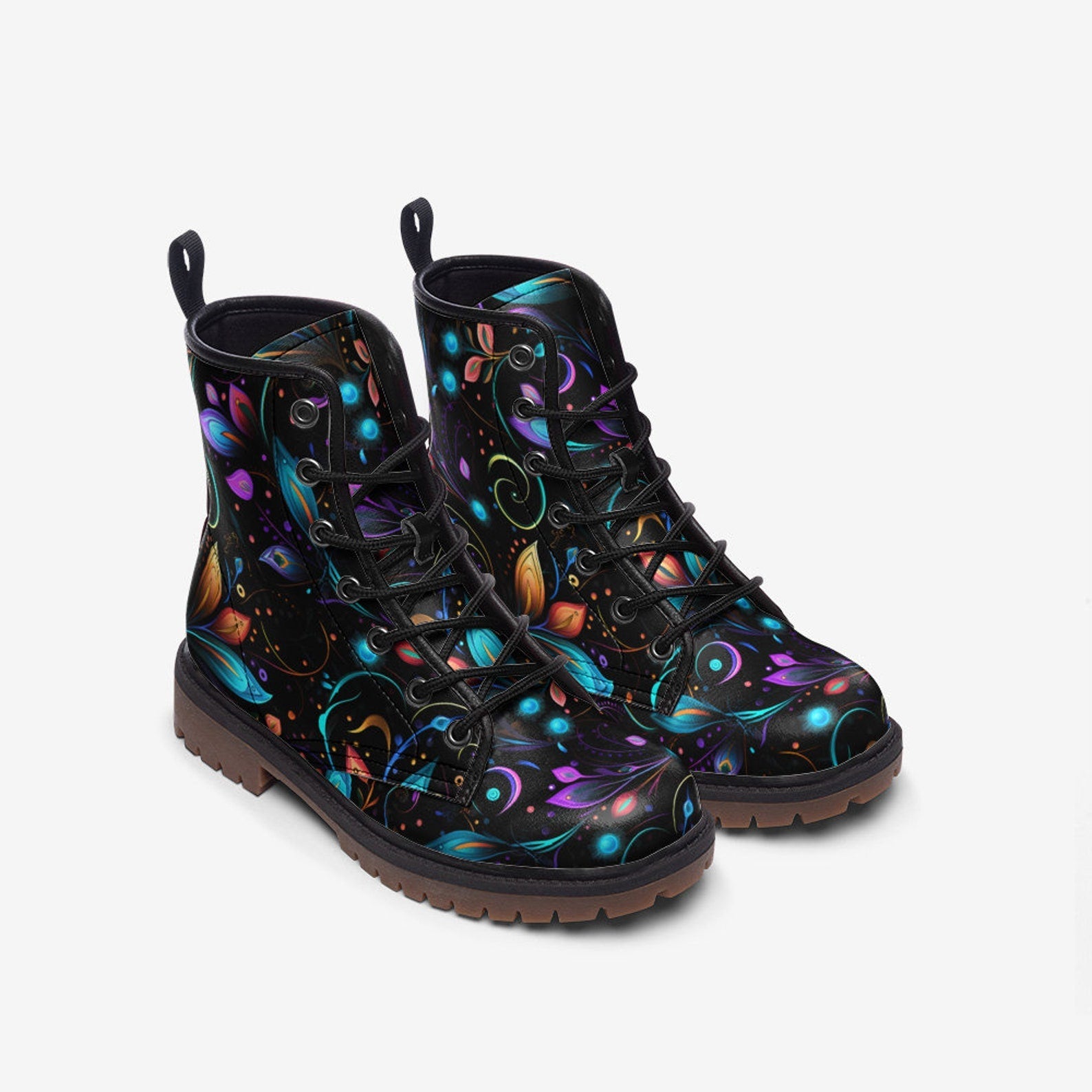 Hippie Art Zone - Neon Fantasy Leaves Painted Vegan Leather Combat Boots For Hippies