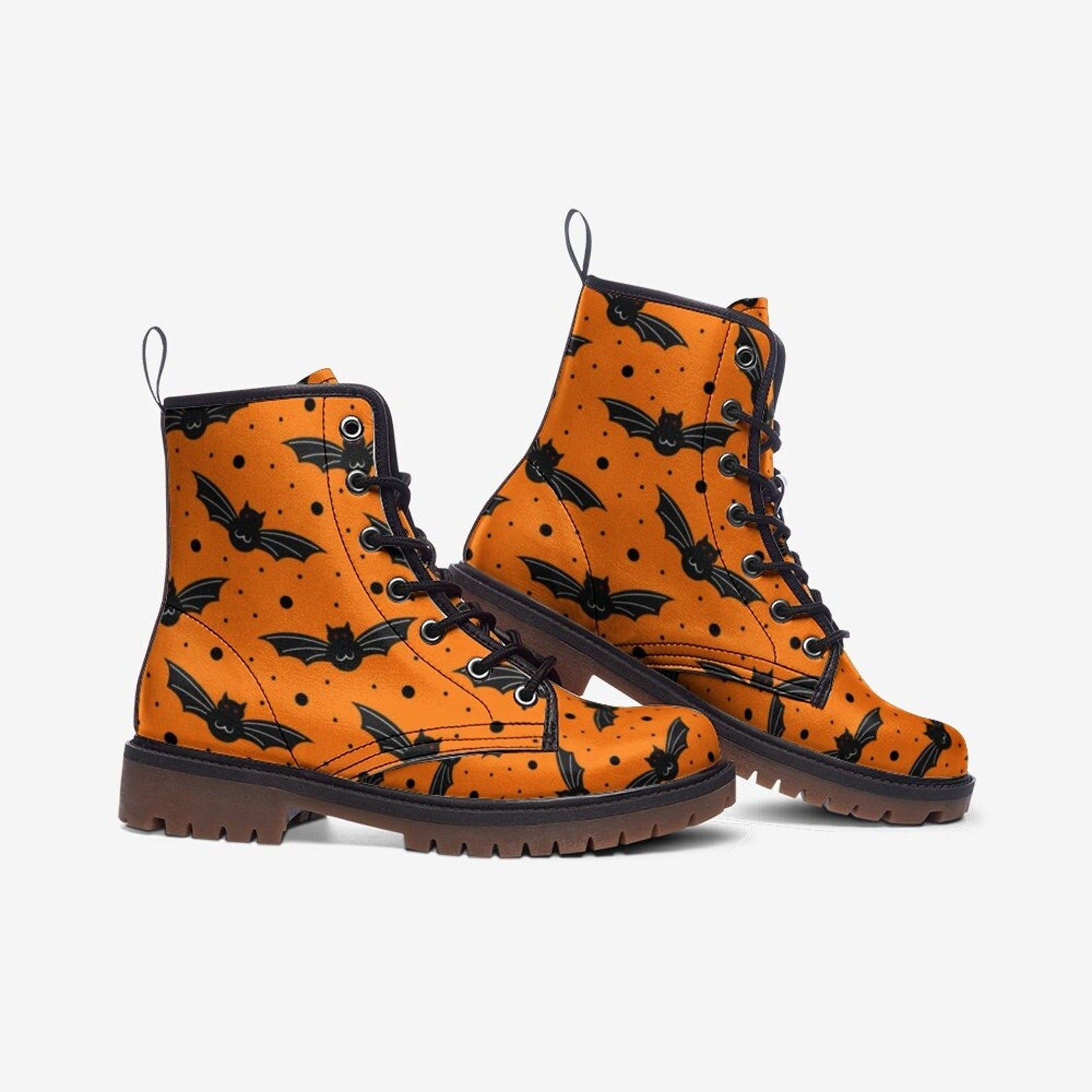 Hippie Art Zone - Orange Bat Boots, Orange Combat Boots With Black Bats Ankle Boots For Hippies