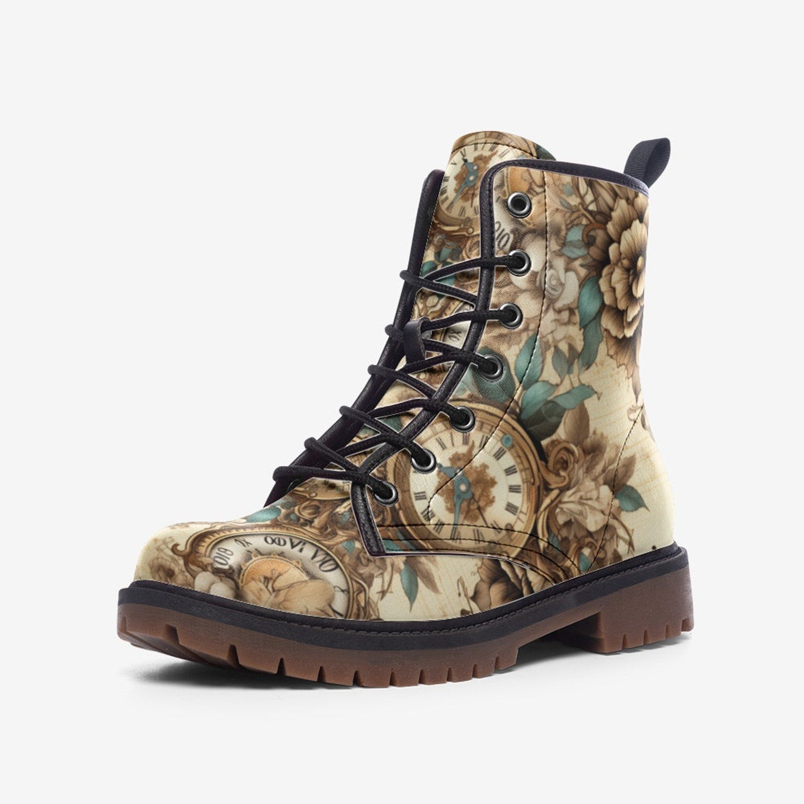 Hippie Art Zone - Vintage Steampunk Leather Boots, Floral Light Spring Summer Fall Winter Boots For Hippies