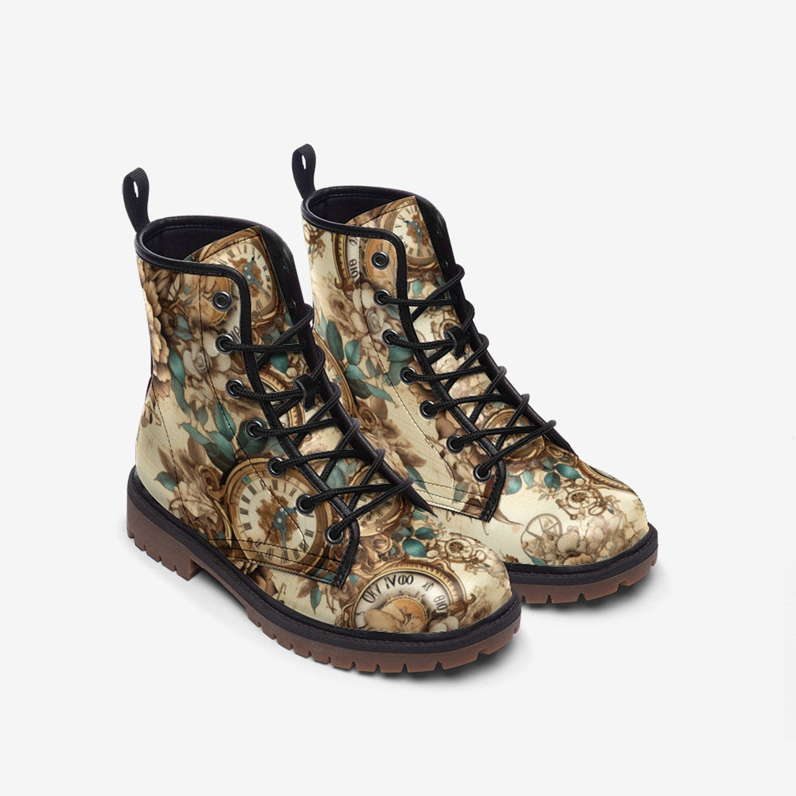 Hippie Art Zone - Vintage Steampunk Leather Boots, Floral Light Spring Summer Fall Winter Boots For Hippies