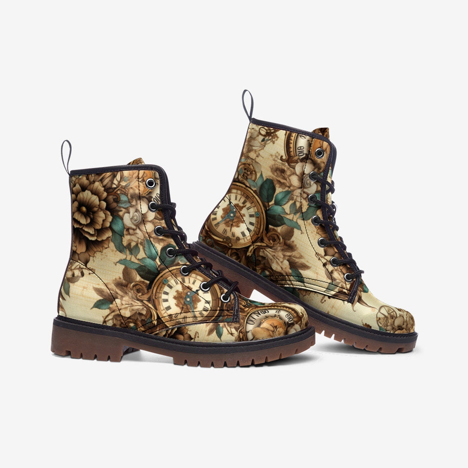 Hippie Art Zone - Vintage Steampunk Leather Boots, Floral Light Spring Summer Fall Winter Boots For Hippies