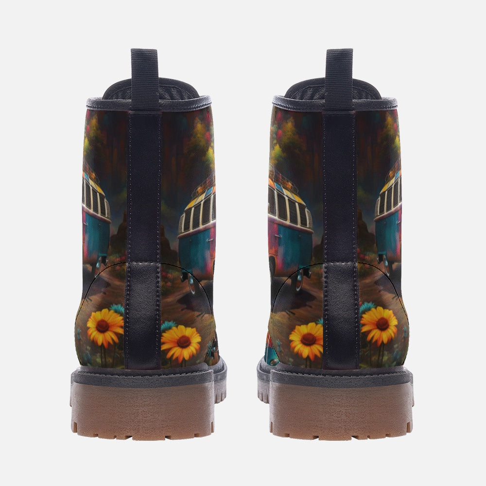 Hippie Art Zone - Vintage Van Print on Casual Leather Lightweight Boots for Hippies