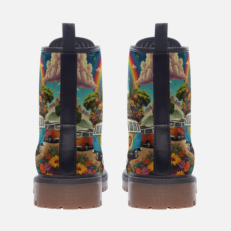 Hippie Art Zone - Volkswagen Van To Hippie Destination Casual Leather Lightweight Boots For Hippies