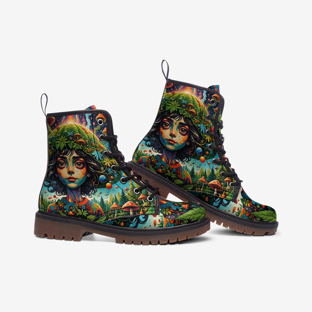Hippie Art Zone - Mother Nature, Mushroom Girl Leather Lightweight Boots for Hippies