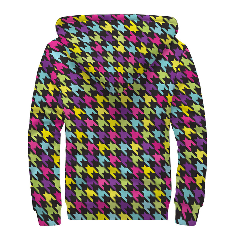 Colorful Houndstooth Pattern Print Sherpa Lined Zip Up Hoodie For Boho Hippie Autism