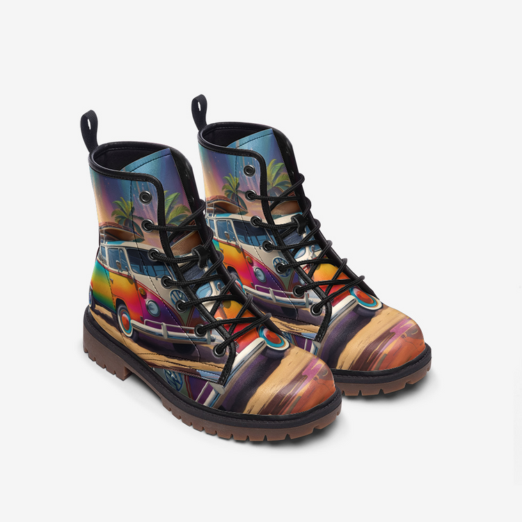 Hippie Art Zone - Rainbow Kombi Van Casual Leather Lightweight Boots