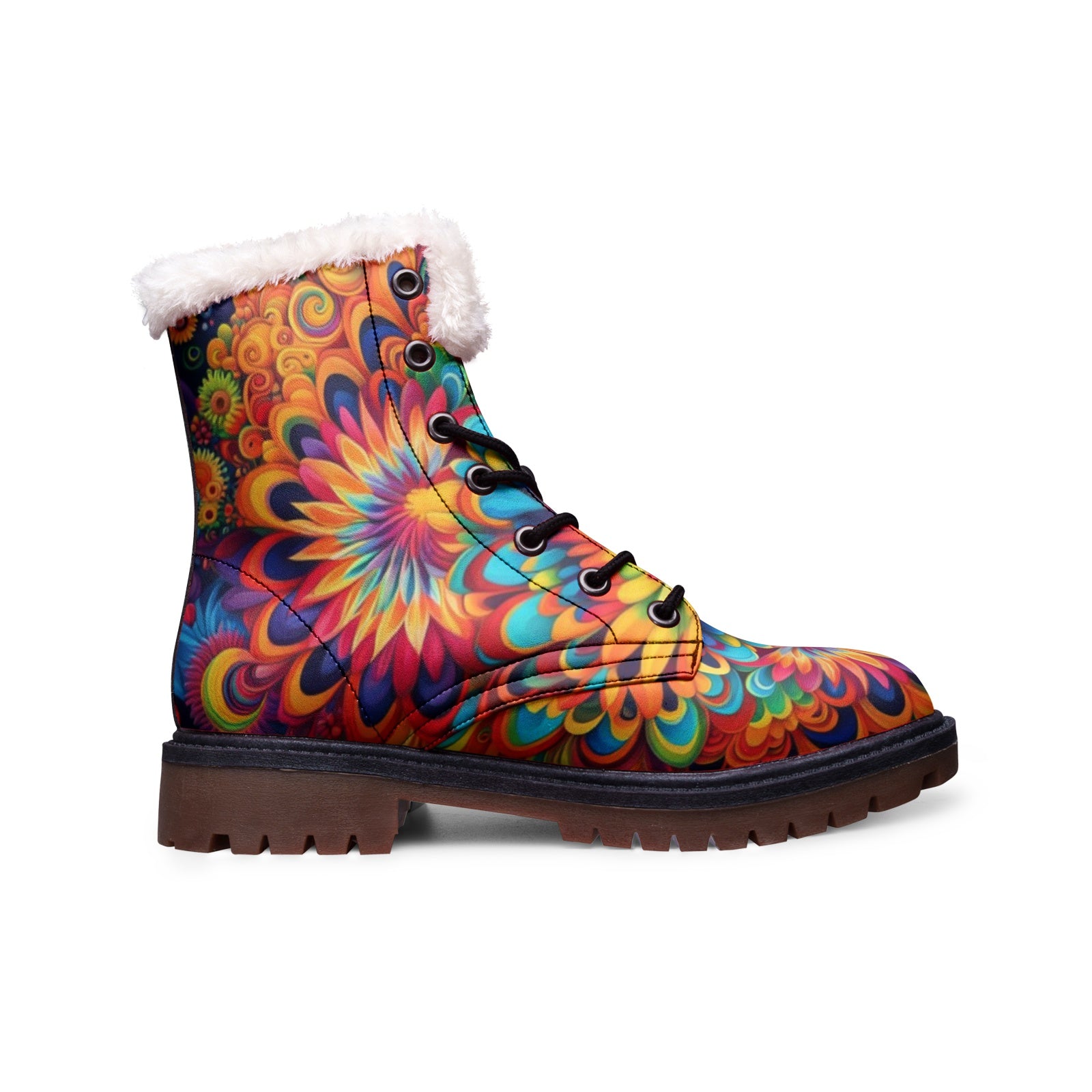 Hippie Art Zone - Colorful Floral Faux Fur Leather Boots For Hippie