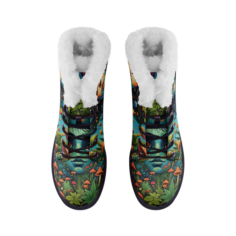 Hippie Art Zone - Forest Girl & Magic Mushrooms Faux Fur Leather Boots ? Nature-Loving Hippie Style