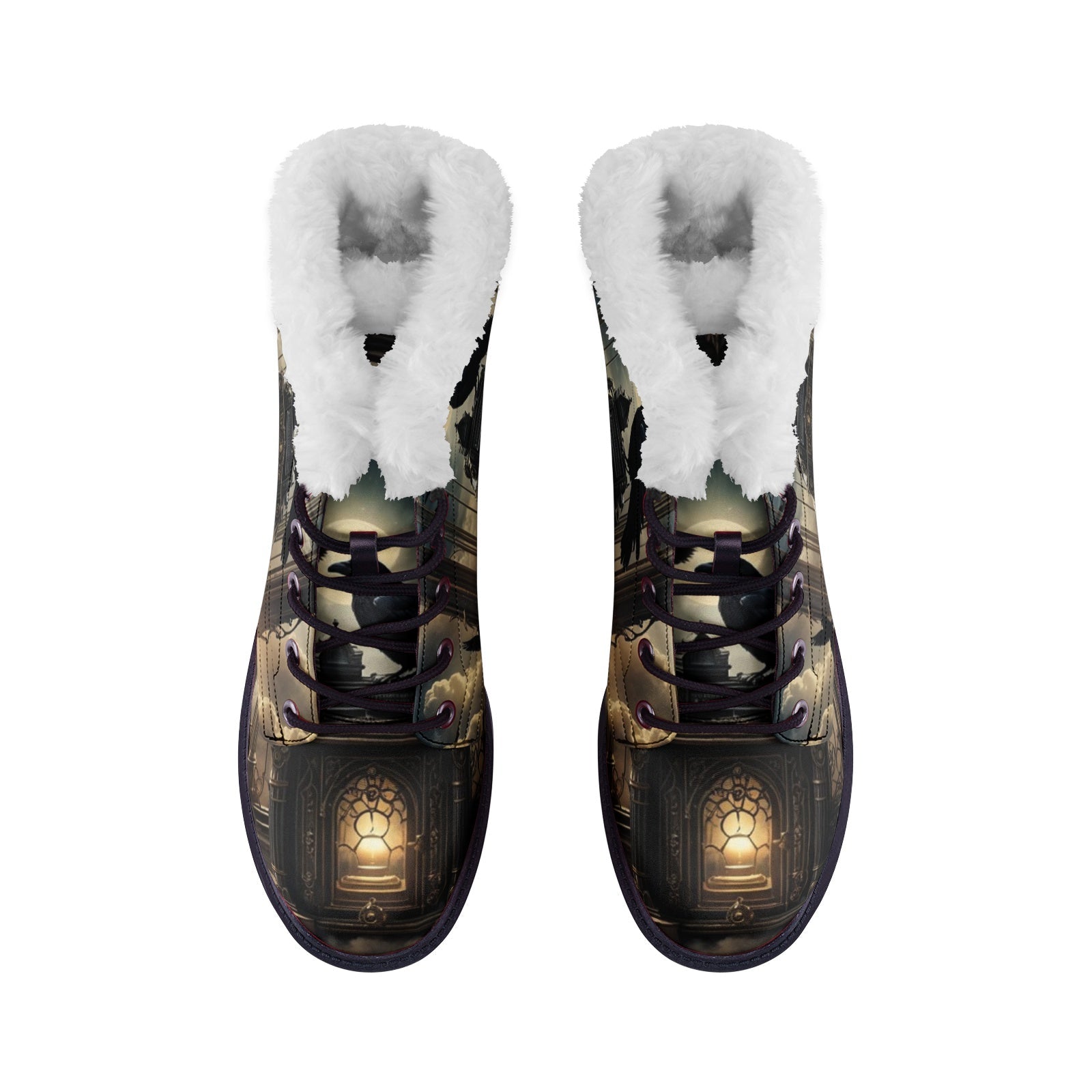 Hippie Art Zone - Witchy Night Crow Faux Fur Leather Boots, Dark and Mysterious Gothic Style