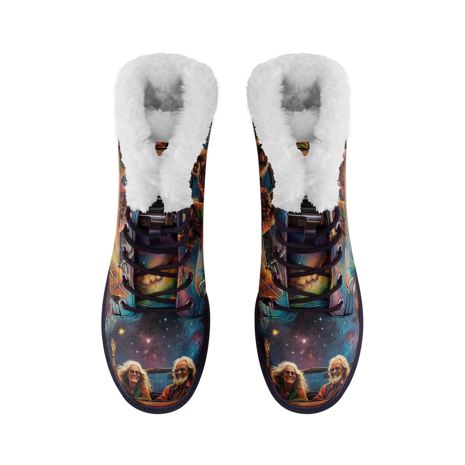 Hippie Art Zone - Hippie Elderly Couple Joyfully Faux Fur Leather Boots, Style For Hippie