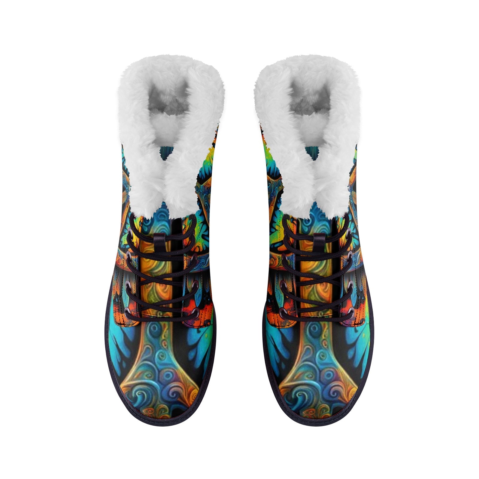 Hippie Art Zone - Faux Fur Leather Boots With Colorful Hippie Symbols ? Boots For The True Hippie